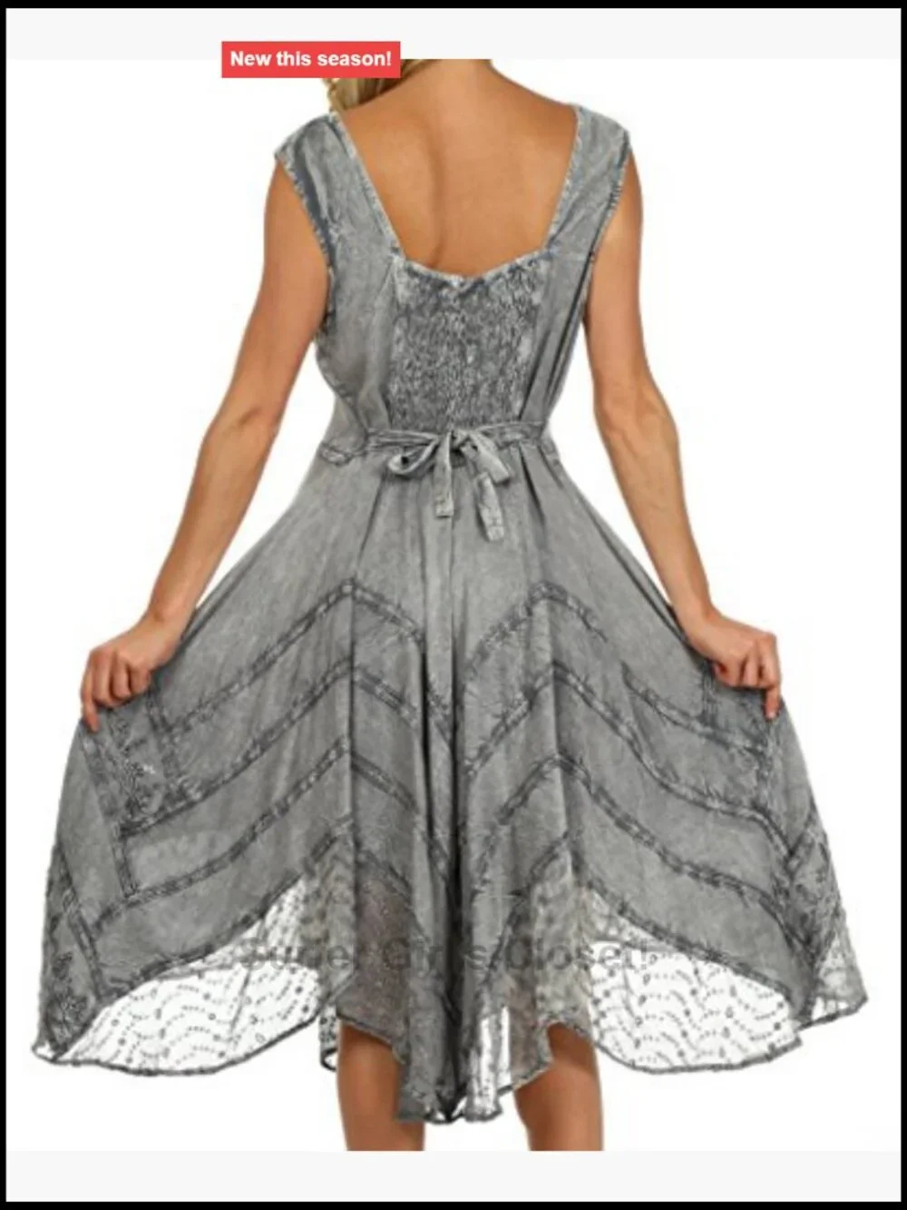 Stonewashed Rayon Embroidered Midi Dress Handkerchief Hem Boho